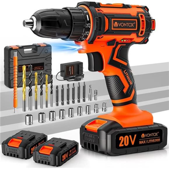 Drill Set, 20V Cordless Drill with 2 Lithium-ion Batteries 2.0AH & Fast Charger - Picture 1 of 5